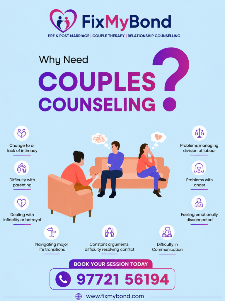 Looking for counselling in Bangalore? FixMyBond offers professional support for relationships, marriage, couples, anxiety, emotional and personal concerns.