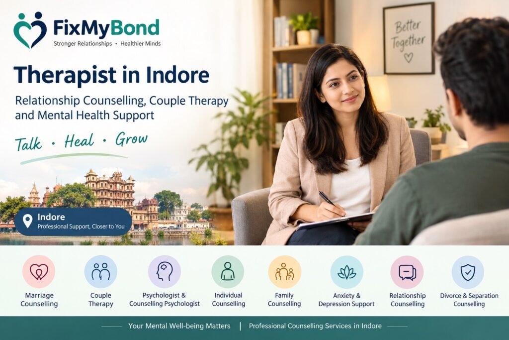 Therapist in Indore for relationship counselling, couple therapy and mental health support by FixMyBond.