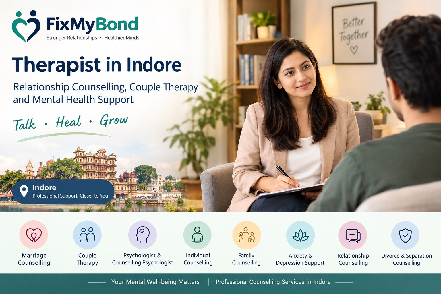 Therapist in Indore for relationship counselling, couple therapy and mental health support by FixMyBond.