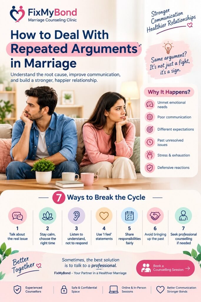 How to deal with repeated arguments in marriage and improve communication between couples.